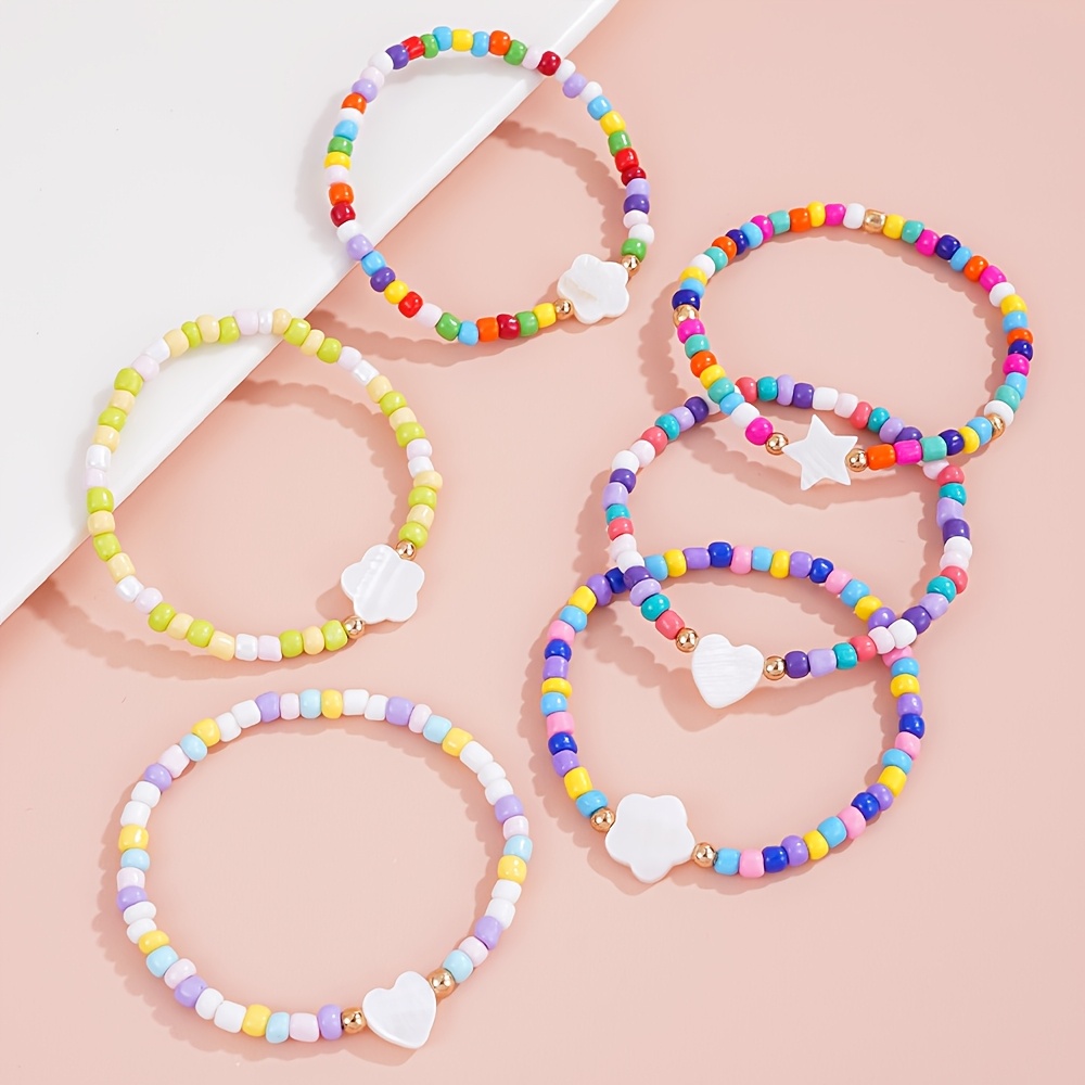 12pcs Kids Stretch Beaded Bracelets Set, Colorful Charm Accessories